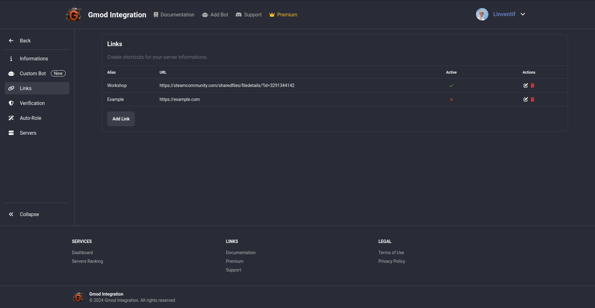 Links dashboard configuration